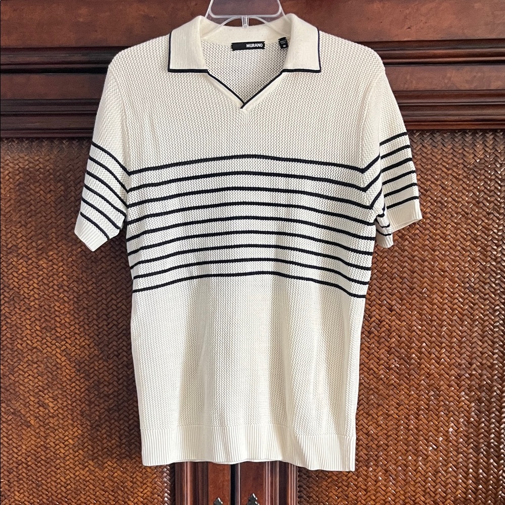 Murano Ivory Short-Sleeve Knit Polo with Black Stripes